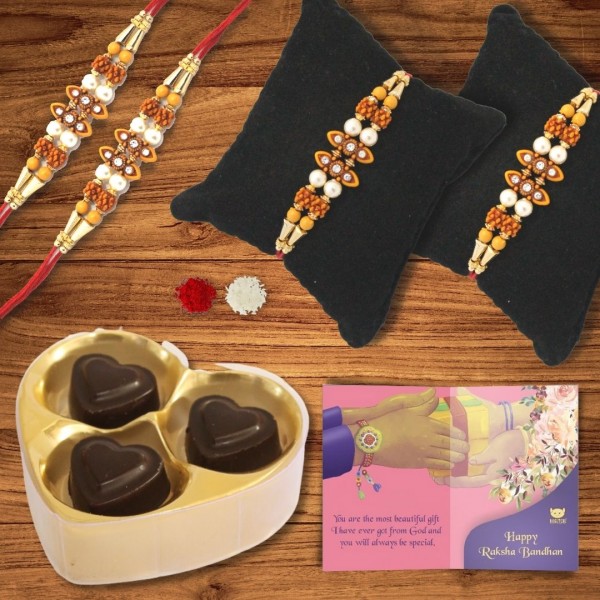 BOGATCHI 3Heart Chocolate 4 Rakhi Roli Chawal and Greeting Card A | Rakhi Special Chocolates | Rakhi Gift for Sister 